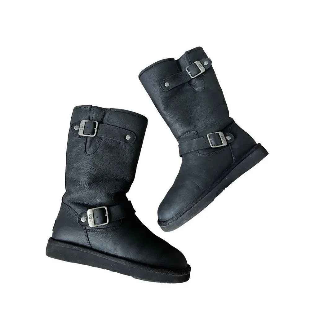 UGG Australia Women Sutter Black Leather Dual Buckle Moto Biker Boots size‎ 6